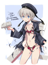 Rule 34 | 1girl, black dress, black hat, black sailor collar, blue eyes, blush, clothes writing, collarbone, commentary, cropped legs, dated, dress, flower, hair between eyes, hat, kantai collection, long sleeves, navel, odawara hakone, one-hour drawing challenge, open mouth, red flower, sailor collar, sailor dress, sailor hat, short hair, silver hair, solo, torn clothes, torn dress, twitter username, z1 leberecht maass (kancolle)