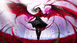 Rule 34 | 1girl, bat wings, black footwear, black legwear, black shirt, black skirt, boots, brown hair, commentary, corset, cross-laced footwear, flower, highres, indoors, knee boots, lace-up boots, lipstick, long hair, long sleeves, makeup, original, pointy ears, red eyes, red shirt, roland-gin, rose, shirt, shoe soles, skirt, solo, vampire, wings