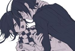 Rule 34 | 2boys, :d, black hair, black jacket, boy on top, buttons, checkered clothes, checkered scarf, danganronpa (series), danganronpa v3: killing harmony, double-breasted, eye contact, grey jacket, highres, jacket, long sleeves, looking at another, lying, medium hair, multiple boys, oma kokichi, on back, open mouth, saihara shuichi, sakura ichi, scarf, short hair, simple background, smile, striped clothes, striped jacket, sweatdrop, teeth, tongue, upper teeth only, yaoi