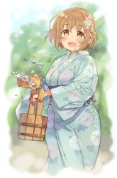 Rule 34 | 1girl, 7010, blurry, blurry background, blush, border, breasts, brown eyes, brown hair, bucket, commentary request, feet out of frame, floral print, flower, hair flower, hair ornament, holding, idolmaster, idolmaster cinderella girls, japanese clothes, kimono, long sleeves, looking at viewer, medium hair, mimura kanako, open mouth, smile, solo, tareme, white border, wide sleeves, yukata