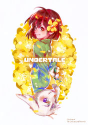 Rule 34 | 1boy, absurdres, androgynous, artist name, asriel dreemurr, blue eyes, brown eyes, brown hair, chara (undertale), copyright name, flower, from side, furry, furry male, hair flower, hair ornament, highres, holding, holding flower, horns, looking at viewer, looking to the side, monster boy, octopus663, petals, shirt, simple background, smile, spoilers, striped clothes, striped shirt, undertale, upper body, white background