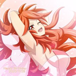 Rule 34 | 1girl, 2020, ;d, amou kanade, arm up, armpits, breasts, dated, floating hair, happy birthday, large breasts, leaning back, long hair, miona yui, one eye closed, open mouth, orange eyes, orange hair, senki zesshou symphogear, smile, solo, strapless, symphogear pendant, upper body, very long hair