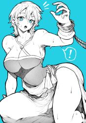 Rule 34 | !, 1girl, absurdres, arm up, armpits, bare legs, blue background, blue eyes, breasts, fairy tail, greyscale with colored background, highres, kneeling, large breasts, lisanna strauss, simple background, solo, spoken exclamation mark, spot color, sweat, yotsumi shiro