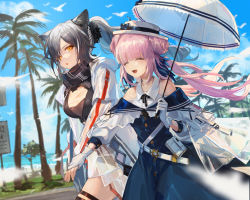 Rule 34 | 2girls, :d, ^ ^, animal ears, arknights, bare shoulders, black bow, black scarf, blue dress, blue feathers, blue sky, bow, breasts, cat ears, ceylon (arknights), closed eyes, cloud, commentary request, cowboy shot, day, double bun, dress, feather hair, feathers, gloves, hair bun, hat, hat bow, highres, holding, holding hands, holding umbrella, jacket, long hair, long sleeves, looking at another, medium breasts, multiple girls, nima (niru54), open mouth, outdoors, palm tree, parted lips, pink hair, ponytail, scarf, schwarz (arknights), silver hair, sky, smile, thigh strap, tree, umbrella, white gloves, white headwear, white jacket, white umbrella, yellow eyes