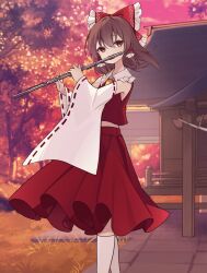 1girl album_cover ascot bow brown_eyes brown_hair commentary_request cover detached_sleeves flute frilled_bow frilled_hair_tubes frills hair_bow hair_tubes hakurei_reimu highres holding holding_flute holding_instrument instrument kneehighs long_hair music outdoors playing_flute playing_instrument red_bow red_skirt ribbon-trimmed_sleeves ribbon_trim skirt skirt_set socks solo textless_version touhou white_socks yellow_ascot yuineko