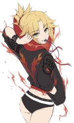 Rule 34 | 1girl, ass, black jacket, black panties, blonde hair, braid, fate (series), fire, flame print, from behind, green eyes, hair ornament, hair scrunchie, highres, hood, in mouth, jacket, jewelry, long sleeves, looking at viewer, mordred (fate), mordred (fate/apocrypha), necklace, panties, red hood, red scrunchie, scrunchie, simple background, sketch, solo, tonee, underwear, white background