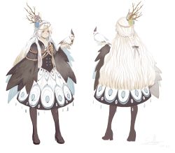 Rule 34 | 1girl, asllence, bird, birdcage, blue eyes, cage, cape, character sheet, dress, expressionless, high heels, highres, long hair, object on head, pixiv fantasia, pixiv fantasia t, pointy ears, simple background, very long hair, wavy hair, white hair, wide sleeves