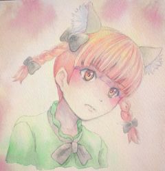 Rule 34 | 1girl, animal ears, bow, bowtie, braid, cat ears, dress, expressionless, extra ears, eyelashes, facing viewer, head tilt, highres, kaenbyou rin, looking away, painting (medium), pink background, portrait, solo, touhou, traditional media, twin braids, watercolor (medium), yuyu (00365676)