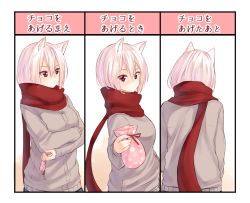 Rule 34 | 1girl, animal ears, bag, blush, brown jacket, buttons, closed mouth, comic, crossed arms, fox ears, from behind, gift, hair between eyes, holding, holding gift, jacket, kyoo-kyon (kyo-kyon), long sleeves, looking at viewer, looking to the side, original, red eyes, red scarf, scarf, short hair, silver hair, sleeves past wrists, suzunari arare, translation request, upper body, valentine, yuki arare