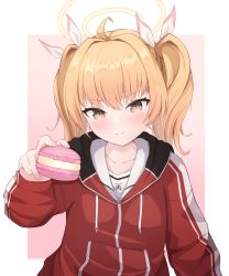 Rule 34 | 1girl, absurdres, blonde hair, blue archive, border, brown eyes, food, hair ribbon, halo, highres, holding, holding food, hood, hood down, hooded track jacket, jacket, long sleeves, looking at viewer, macaron, nonddu, pink background, red jacket, ribbon, sailor collar, simple background, solo, track jacket, twintails, upper body, white sailor collar, yoshimi (blue archive)