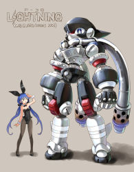 Rule 34 | 1girl, black bow, black leotard, blue eyes, blue hair, bow, bright pupils, character name, character request, clenched hands, gad guard, hair bow, high heels, highres, katahira masashi, leotard, lightning (gad guard), looking down, looking up, mecha, open hands, pantyhose, playboy bunny, robot, science fiction, twintails, white pupils