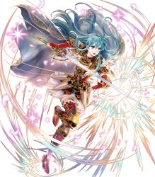 Rule 34 | 1girl, armor, asatani tomoyo, breastplate, cape, eirika (fire emblem), fire emblem, fire emblem: the sacred stones, fire emblem heroes, full body, gloves, highres, holding, holding sword, holding weapon, long hair, nintendo, official art, short sleeves, shoulder pads, skirt, solo, sword, thighhighs, transparent background, weapon, zettai ryouiki