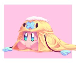 Rule 34 | absurdres, alternate color, blush stickers, border, colored skin, cosplay, creatures (company), deleca7755, drifloon, drifloon (cosplay), game freak, gen 4 pokemon, highres, kirby, kirby (series), lying, nintendo, no humans, outside border, pink background, pink skin, pokemon, shiny pokemon, simple background, solid oval eyes, solo, white border