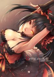 Rule 34 | 10s, 1girl, :p, armpits, arms up, bad id, bad pixiv id, bare shoulders, black hair, breasts, cleavage, clock eyes, date a live, detached sleeves, dress, fukai ryosuke, hairband, heterochromia, large breasts, lolita fashion, lolita hairband, long hair, looking at viewer, red eyes, smile, solo, symbol-shaped pupils, tokisaki kurumi, tongue, tongue out, twintails, yellow eyes
