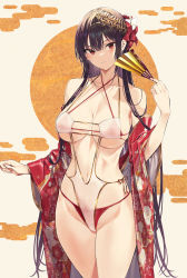 Rule 34 | 1girl, absurdres, bare shoulders, beige background, bikini, black hair, breasts, closed mouth, collarbone, cowboy shot, floral print, flower, folding fan, groin, hair flower, hair ornament, haitekudasai takamine-san, hand fan, hand up, highres, hiiragi yuuichi, holding, holding fan, japanese clothes, kimono, large breasts, long hair, looking at viewer, one-piece swimsuit, open clothes, open kimono, red bikini, red eyes, red flower, red kimono, skindentation, solo, swimsuit, takamine takane, thighs, underboob, very long hair, white flower, wide sleeves