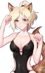 Rule 34 | 1girl, alternate costume, animal ears, bad id, bad twitter id, bare shoulders, black one-piece swimsuit, blonde hair, blue eyes, blush, breasts, casual one-piece swimsuit, cleavage, clenched hands, closed mouth, collarbone, covered navel, facial mark, fox ears, fox tail, frown, giji-p, hair ornament, hair tie, hands up, high ponytail, hip focus, kemonomimi mode, large breasts, leotard, looking at viewer, mercy (overwatch), narrow waist, one-piece swimsuit, overwatch, overwatch 1, parted bangs, paw pose, ponytail, raised eyebrows, simple background, solo, swimsuit, tail, upper body, whisker markings, white background