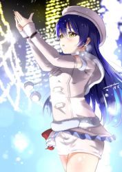 Rule 34 | 1girl, amamiya (re-amamiya), arms up, beret, blue hair, blush, capelet, cowboy shot, detached sleeves, fur trim, hat, highres, long hair, love live!, love live! school idol project, outdoors, shorts, snow, snow halation, snowing, solo, sonoda umi, swept bangs, winter, yellow eyes