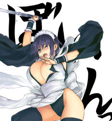 Rule 34 | 1girl, bad id, bad pixiv id, blue eyes, blush, breasts, cleavage, hairband, holding, holding weapon, huge breasts, iroha (samurai spirits), jumping, leotard, leotard under clothes, maid, maid headdress, moaning, nipple slip, nipples, open mouth, samurai spirits, short hair, snk, solo, strapless, strapless leotard, tears, thighhighs, thong leotard, weapon, wide hips, yuzuriha (active homing)