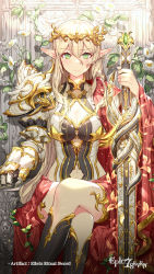 Rule 34 | 1girl, absurdres, armor, artist request, blonde hair, breasts, character request, cleavage, cleavage cutout, closed mouth, clothing cutout, copyright name, crossed legs, english text, epic seven, flower, gauntlets, green eyes, hair between eyes, headwear request, highres, holding, holding sword, holding weapon, kneehighs, looking at viewer, medium breasts, navel cutout, official art, pauldrons, plant, shoulder armor, side cape, sitting, socks, solo, sword, vines, weapon