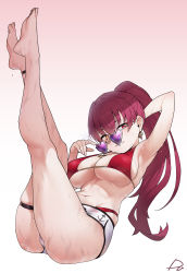 Rule 34 | 1girl, absurdres, anchor print, arm behind head, arm up, armpits, barefoot, bikini, breasts, dolphin shorts, earrings, feet, full body, heart, heart-shaped eyewear, heart earrings, heterochromia, highres, hololive, houshou marine, houshou marine (summer), jewelry, large breasts, legs, legs up, long hair, lying, necklace, on back, parted lips, ponytail, radjeong, red bikini, red eyes, red hair, short shorts, shorts, solo, sunglasses, swimsuit, thigh strap, thighs, underboob, virtual youtuber, wet, white shorts, yellow eyes