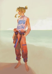 Rule 34 | 1boy, arms at sides, bare arms, bare shoulders, barefoot, beach, blonde hair, blouse, casual, chain, clothes writing, cloud, contemporary, dated, day, earrings, full body, grey background, hand in pocket, high ponytail, highres, jewelry, jumpsuit, jumpsuit around waist, link, looking away, male focus, nanjou (sumeragimishiro), necklace, nintendo, orange jumpsuit, outdoors, parted lips, pocket, pointy ears, ponytail, profile, shadow, shirt, sidelocks, sky, sleeveless, sleeveless shirt, solo, standing, the legend of zelda, the legend of zelda: breath of the wild, toenails, white shirt
