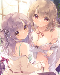 Rule 34 | 2girls, black skirt, black thighhighs, bow, bow bra, bra, braid, breasts, brown cardigan, brown eyes, brown hair, brown ribbon, cardigan, cleavage, closed mouth, commentary request, curtains, day, flower, frilled bra, frilled panties, frills, green bra, green panties, grey hair, hair between eyes, hair bow, hair flower, hair ornament, hairclip, indoors, large breasts, long sleeves, looking at viewer, looking back, multiple girls, neck ribbon, off shoulder, open clothes, open shirt, original, panties, petals, pink bra, pink flower, pink panties, red bow, ribbon, sailor collar, school uniform, serafuku, shirt, skirt, unworn skirt, sleeves past wrists, smile, striped, striped bow, thighhighs, underwear, white cardigan, white sailor collar, white shirt, window, x hair ornament, yukie (peach candy)