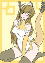 Rule 34 | 1girl, apron, bad id, bad pixiv id, bare shoulders, blush, breasts, brown eyes, brown hair, china dress, chinese clothes, clothes tug, dragon girl, dragon horns, dragon tail, dress, elbow gloves, futaba channel, gloves, horns, kouryuu (nijiura maids), large breasts, long hair, looking at viewer, maid apron, maid headdress, medium breasts, microdress, monster girl, nijiura maids, no shoes, os-tan, pointy ears, ruriwo (ruriwo1894), side slit, simple background, sitting, smile, solo, strap slip, tail, thighhighs, wariza, white apron, yellow background