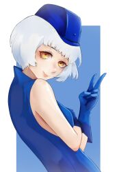 Rule 34 | 1girl, absurdres, blue background, blue dress, blue gloves, blue headwear, border, breasts, closed mouth, commentary, dress, elizabeth (persona), eyelashes, from side, gloves, grey hair, hands up, head tilt, highres, leaning back, lips, looking at viewer, medium hair, n7grey, orange eyes, persona, persona 3, sleeveless, sleeveless dress, small breasts, smile, solo, upper body, v, white border