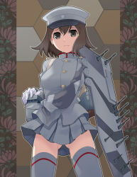 Rule 34 | 10s, 1girl, akitsu maru (kancolle), backpack, bag, brown eyes, brown hair, gloves, hat, kantai collection, looking at viewer, machinery, maruto!, personification, short hair, solo, thighhighs, turret