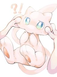 !? blue_eyes bright_pupils cheek_pinching colored_skin commentary_request creatures_(company) floating game_freak gen_1_pokemon hp7car7nxrq5s7q legendary_pokemon mew_(pokemon) mewtwo mythical_pokemon nintendo pawpads pinching pink_skin pokemon pokemon_(creature) pov pov_hands simple_background tail white_background white_pupils