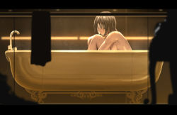 Rule 34 | 1girl, bathing, bathtub, black hair, blindfold, blurry, blurry foreground, breasts, commentary, completely nude, covered eyes, crying, depth of field, dishwasher1910, english commentary, from side, indoors, knees up, maria calavera, medium breasts, nude, parted lips, profile, rwby, short hair, sitting, solo, tears, towel, wet, wet hair