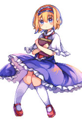 Rule 34 | 1girl, absurdres, alice margatroid, blonde hair, blue dress, blue eyes, book, capelet, closed mouth, dress, frilled dress, frills, full body, hairband, highres, lolita hairband, omochinegi, pixel art, red footwear, red hairband, short hair, simple background, socks, solo, touhou, white background, white capelet, white socks
