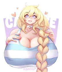Rule 34 | 1girl, ahoge, artist name, blonde hair, braid, breasts, cassie (theycallhimcake), cleavage, commentary request, highres, huge breasts, junkpuyo, long hair, looking at viewer, open mouth, original, purple eyes, solo, upper body