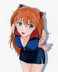 Rule 34 | 1girl, arms behind back, artist request, bare legs, bare shoulders, bent over, black skirt, blouse, blue eyes, blue shirt, breasts, brown hair, cleavage, hair ornament, highres, interface headset, leaning forward, lips, long hair, looking at viewer, medium breasts, miniskirt, neon genesis evangelion, redrawn, shiny clothes, shiny skin, shirt, simple background, skirt, sleeveless, sleeveless shirt, smile, solo, souryuu asuka langley, standing, tongue, tongue out, upper body, very long hair, zipper