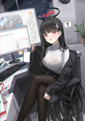 Rule 34 | 1girl, ?, absurdres, black hair, black pantyhose, blue archive, blush, bra visible through clothes, breasts, chair, hair ornament, hairpin, halo, highres, indoors, keyboard (computer), large breasts, long hair, long sleeves, looking at viewer, mansu (user pnmp4287), monitor, open mouth, pantyhose, red eyes, ribbed sweater, rio (blue archive), solo, spoken question mark, sweat, sweater, turtleneck, turtleneck sweater, wet, wet clothes, white sweater