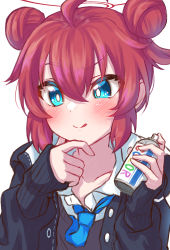 Rule 34 | 1girl, :p, ahoge, black jacket, blue archive, blue eyes, blue necktie, blue sweater vest, blush, bright pupils, can, collared shirt, double bun, hair between eyes, hair bun, halo, highres, holding, holding can, hood, hooded jacket, jacket, long bangs, maki (blue archive), multicolored clothes, multicolored jacket, necktie, red hair, shirt, short hair, sidelocks, simple background, sleeves past wrists, solo, spray paint, sweater vest, take-run-atelier, thinking, tongue, tongue out, two-tone jacket, white background, white jacket, white pupils, white shirt