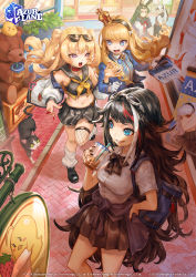 Rule 34 | 5girls, :d, adjusting eyewear, alternate costume, animal ears, armband, azur lane, b.c.n.y., bache (azur lane), bag, bandaid, bandaid on knee, bandaid on leg, bare shoulders, black-framed eyewear, black cat, black choker, black footwear, black gloves, black hair, black hairband, black headband, black nails, black sailor collar, black shirt, black skirt, blazer, blonde hair, blue eyes, blue jacket, blue neckwear, blue skirt, blunt bangs, bow, breasts, brick floor, brown neckwear, brown skirt, bubble tea, cameo, cat, chinese commentary, choker, clothes around waist, collar, collarbone, collared shirt, commentary, cowboy shot, crop top, crown, cup, delinquent, deutschland (azur lane), dido (azur lane), disposable cup, english commentary, eyewear on head, fang, fingerless gloves, fishnet legwear, fishnets, full body, glasses, gloves, goggles, goggles on head, green hair, grin, hair between eyes, hair bow, hair flaps, hair intakes, hairband, hand on own hip, headband, highres, hiryuu (after school bullies) (azur lane), hiryuu (azur lane), holding, holding bag, holding cup, jacket, locked arms, logo, long hair, long skirt, long sleeves, looking at another, loose socks, lower teeth only, manjuu (azur lane), medium breasts, midriff, mini crown, mixed-language commentary, multicolored hair, multiple girls, nail polish, navel, neck ribbon, neckerchief, off-shoulder jacket, off shoulder, official art, ok sign, open clothes, open jacket, open mouth, panties, parted lips, plaid, plaid skirt, plant, pleated skirt, ponytail, potted plant, purple eyes, queen elizabeth (azur lane), rabbit ears, red collar, red hair, red nails, ribbon, ringlets, road, round eyewear, sailor collar, school uniform, serafuku, shadow, sharp teeth, shirt, shoes, shopping bag, short sleeves, side-tie panties, sign, single thighhigh, skindentation, skirt, sleeveless, sleeveless shirt, small breasts, smile, socks, souryuu (azur lane), souryuu (the counselor girl) (azur lane), standing, streaked hair, street, striped clothes, striped hairband, stuffed animal, stuffed toy, sukeban, sunglasses, sweater, sweater around waist, teddy bear, teeth, thighhighs, underwear, very long hair, watermark, white bow, white gloves, white hair, white jacket, white legwear, white shirt, yellow neckwear