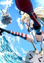 &gt;_&lt; 1girl :3 arms_between_legs black_boots black_hairband blonde_hair blue_sailor_collar blue_skirt blue_sky boots buttons commentary_request convenient_arm cropped_shirt double-breasted elbow_gloves gloves hairband highres horizontal-striped_thighhighs kantai_collection long_hair midriff miniskirt nagare_(flow) ocean open_mouth red_thighhighs rensouhou-chan sailor_collar school_uniform serafuku shimakaze_(kancolle) shirt skirt sky sleeveless sleeveless_shirt solo spread_legs striped_clothes striped_thighhighs thighhighs water water_drop white_gloves white_shirt white_thighhighs yellow_eyes