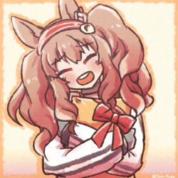 Rule 34 | 1girl, :d, ^ ^, angelina (arknights), animal ears, arknights, blush, bow, box, brown hair, closed eyes, facing viewer, gift, gift box, hairband, head tilt, hugging object, jacket, long hair, long sleeves, open mouth, puffy long sleeves, puffy sleeves, red bow, red hairband, round teeth, smile, solo, striped clothes, striped hairband, teeth, twintails, twitter username, upper body, upper teeth only, very long hair, white jacket, yodo rado