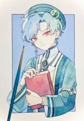 Rule 34 | 1boy, akademiya uniform, art tools in frame, beret, blue background, blue hair, blue nails, book, border, closed mouth, commentary request, dottore (genshin impact), earrings, expressionless, fingernails, gem, genshin impact, gold trim, green gemstone, green hat, green jacket, hand up, hat, head tilt, highres, holding, holding book, jacket, jewelry, long sleeves, looking at viewer, male focus, nail polish, nasuke, open clothes, open jacket, outside border, painting (medium), parted bangs, photo (medium), red eyes, shirt, short hair, simple background, single earring, solo, traditional media, upper body, watercolor (medium), white border, white shirt, wide sleeves