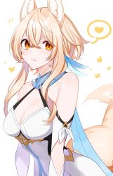 Rule 34 | 1girl, animal ear fluff, animal ears, bare shoulders, blonde hair, blue cape, breasts, cape, cleavage, closed mouth, commentary request, crossed bangs, detached sleeves, dress, fang, fox ears, fox girl, fox tail, genshin impact, heart, highres, kemonomimi mode, looking at viewer, lumine (genshin impact), medium breasts, orange eyes, short hair with long locks, skin fang, sleeveless, sleeveless dress, solo, sparkle, tail, upper body, white dress, white sleeves, yodare (3yami8)
