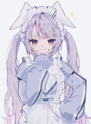 Rule 34 | 1girl, animal ears, apron, cattleya regina games, closed mouth, frilled apron, frills, grey background, grey jacket, hair ornament, hairclip, hand on own hip, highres, hoshino-san, jacket, long hair, long sleeves, looking at viewer, maid, maid apron, maid headdress, multicolored hair, pink hair, purple eyes, purple hair, rabbit ears, short eyebrows, simple background, sleeves past wrists, solo, streaked hair, thick eyebrows, tosaki mimi, twintails, unconventional maid, upper body, v over mouth, virtual youtuber, vspo!, white apron