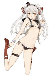 Rule 34 | 10s, 1girl, alternate costume, amatsukaze (kancolle), bare shoulders, bikini, black bikini, black hat, black ribbon, boots, bracelet, breasts, buttons, hair ornament, hairband, hat, highres, jewelry, jumping, kantai collection, knee boots, lifebuoy hair ornament, long hair, mini hat, ningen (ningen96), open clothes, open shirt, red footwear, ribbon, shirt, side-tie bikini bottom, silver hair, simple background, sleeveless, sleeveless shirt, small breasts, solo, swimsuit, twintails, two side up, unbuttoned, unbuttoned shirt, very long hair, white background, white shirt, yellow eyes