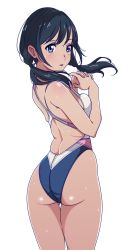 Rule 34 | 1girl, aiuti, amano hina (tenki no ko), ass, black hair, blue eyes, blue one-piece swimsuit, competition swimsuit, cowboy shot, from behind, own hands clasped, highleg, highleg swimsuit, highres, long hair, looking to the side, one-piece swimsuit, own hands together, simple background, solo, standing, swimsuit, tenki no ko, thigh gap, twintails, white background