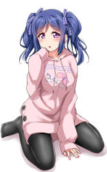Rule 34 | 1girl, :o, alternate hairstyle, between legs, black pantyhose, blue hair, blue ribbon, blush, commentary request, drawstring, hair ribbon, hand between legs, hand to own mouth, hand up, highres, hood, hood down, hoodie, looking at viewer, love live!, love live! sunshine!!, matsuura kanan, nail polish, no pants, no shoes, open mouth, pantyhose, pink hoodie, pink nails, print hoodie, purple eyes, ribbon, sitting, sleeves past wrists, solo, twintails, wariza, white background, yopparai oni
