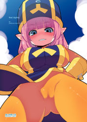 Rule 34 | 1girl, artist name, blunt bangs, blush, bodysuit, breasts, cameltoe, cosplay, cover, cover page, covered erect nipples, day, dragon quest, dragon quest x, elf (dq10), from below, gloves, hat, highres, large breasts, looking at viewer, pink hair, pointy ears, priest (dq3), priest (dq3) (cosplay), short hair, sky, solo, zankuro