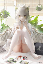 Rule 34 | 1girl, arknights, ass, bar censor, bottomless, bow, breasts, censored, cleavage, collared shirt, cushion, drawing (object), feet, female focus, green eyes, hair bow, hand up, hanging plant, indoors, kal&#039;tsit (arknights), knees up, legs, looking at viewer, omone hokoma agm, panties, plant, potted plant, pussy, red pupils, rhodes island logo (arknights), shirt, sitting, solo, thighhighs, underwear, white bow, white panties, white shirt, white thighhighs, window blinds