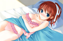Rule 34 | 1girl, absurdres, amanatsu, ayase mao, bed, blush, breasts, ginta, highres, large breasts, lingerie, pillow, red hair, solo, underwear