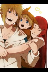 Rule 34 | 1girl, 2boys, age difference, blonde hair, blue eyes, child, couple, closed eyes, facial mark, family, father and son, group hug, hair ornament, hairclip, hetero, hood, hoodie, hug, hug from behind, husband and wife, kirono, long hair, mother and son, multiple boys, namikaze minato, naruto (series), naruto shippuuden, open mouth, red hair, short hair, smile, spiked hair, uzumaki kushina, uzumaki naruto, very long hair, whisker markings, aged down