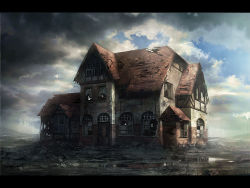Rule 34 | bad id, bad pixiv id, building, cloud, house, letterboxed, no humans, original, ruins, scenery, seafh, sky, water